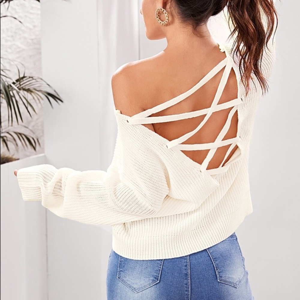 Sold!!!! Beige solid lace up backles sweater - Picture 2 of 6